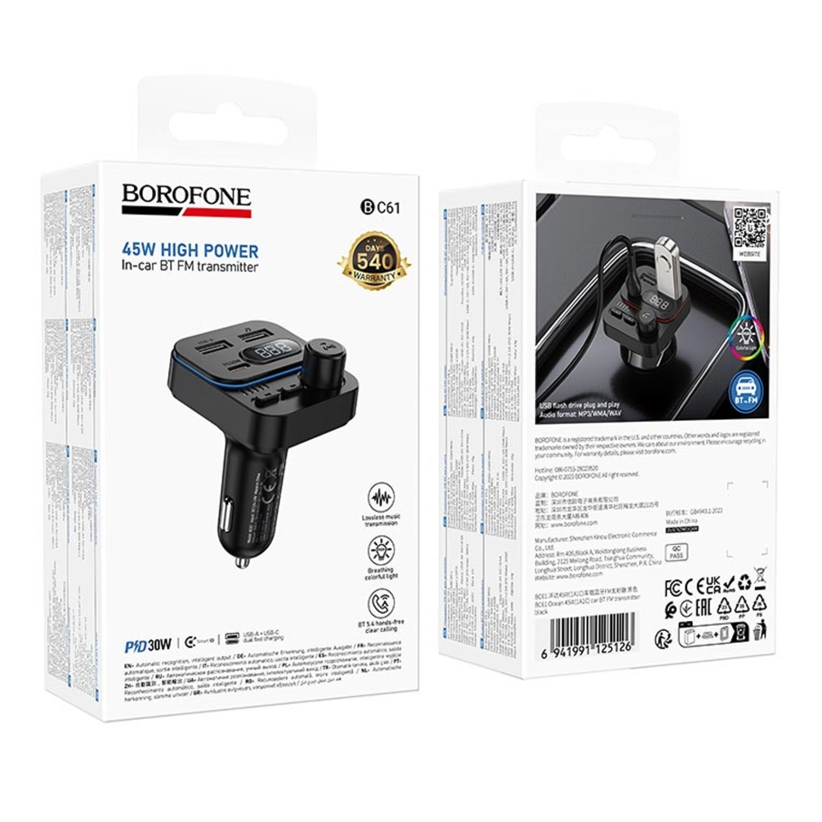 FM-трансмітер BC61 USB-C PD30W+USB-A 15W/BT5.4 Total 45W Чорний - Зображення 2